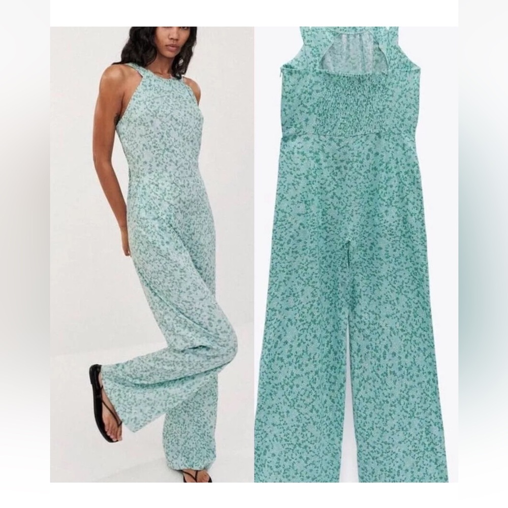 ZARA NECKHOLDER OVERALL LINEN BLEND FLORAL FLOWERS GREEN JUMPSUIT Size XS